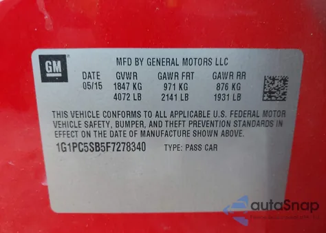 2015 Chevrolet Cruze 1Lt Auto from USA, damaged, VIN 1G1PC5SB5F7278340